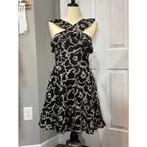 Banana Republic Sz 10 Black & Tan Embroidered Cotton Dress Ruffle Cute
